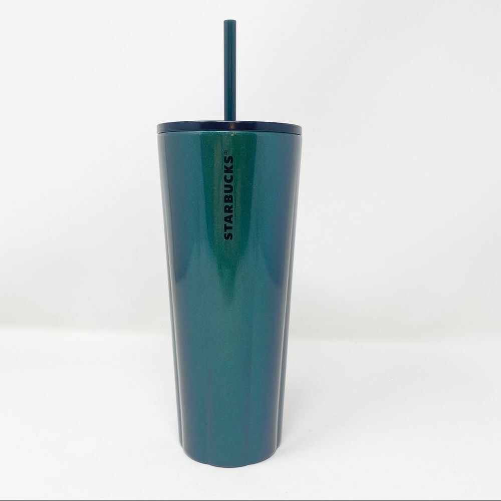 Starbucks Emerald Green Glitter Stainless Steel Scalloped 24 oz Tumbler with Lid